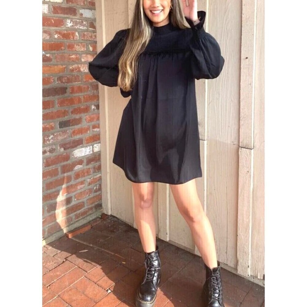 Elan Womens Size M Black Mini Dress Mock Neck Sheer Unlined Ruffle Smocked U4